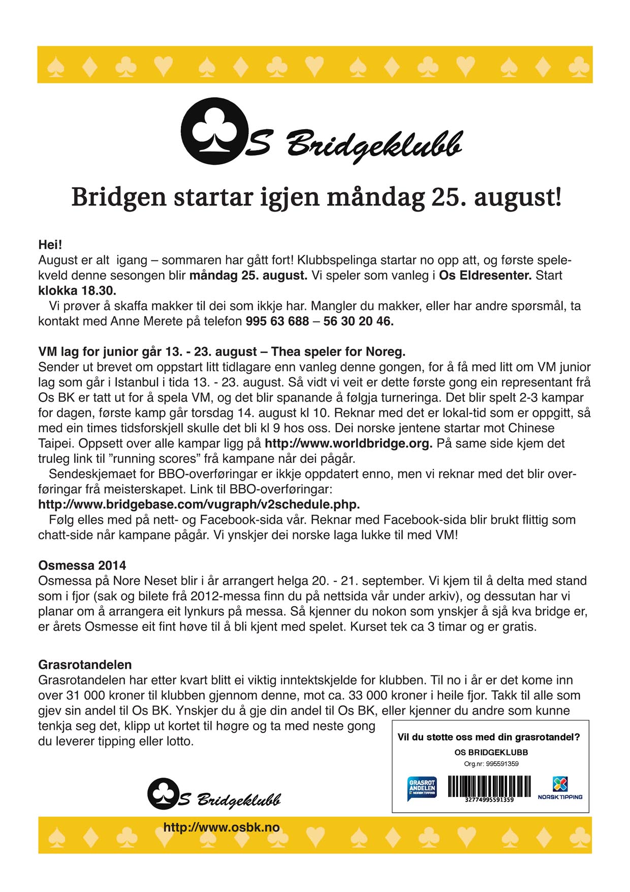 Klubbspelinga startar måndag 25. august